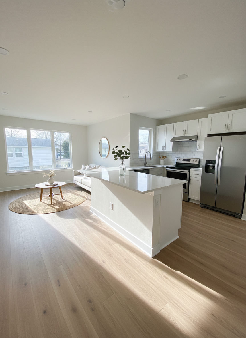 A bright, newly updated duplex living room interior in photographic realism, featuring soft white walls, luxury vinyl plank floors in a natural oak tone, and a compact open-concept layout. A pristine white quartz-topped breakfast bar separates the living area from a sleek galley kitchen with stainless steel appliances and light shaker cabinets. Abundant daylight streams in through new energy-efficient windows, casting clean, linear shadows and highlighting the smooth countertop surfaces. The scene is styled minimally with neutral decor elements such as a woven jute rug and a simple glass vase on the counter. Shot from a slightly elevated corner angle with a wide lens, the composition captures the full room, conveying spaciousness, comfort, and move-in-ready quality ideal for a professional real estate presentation.
