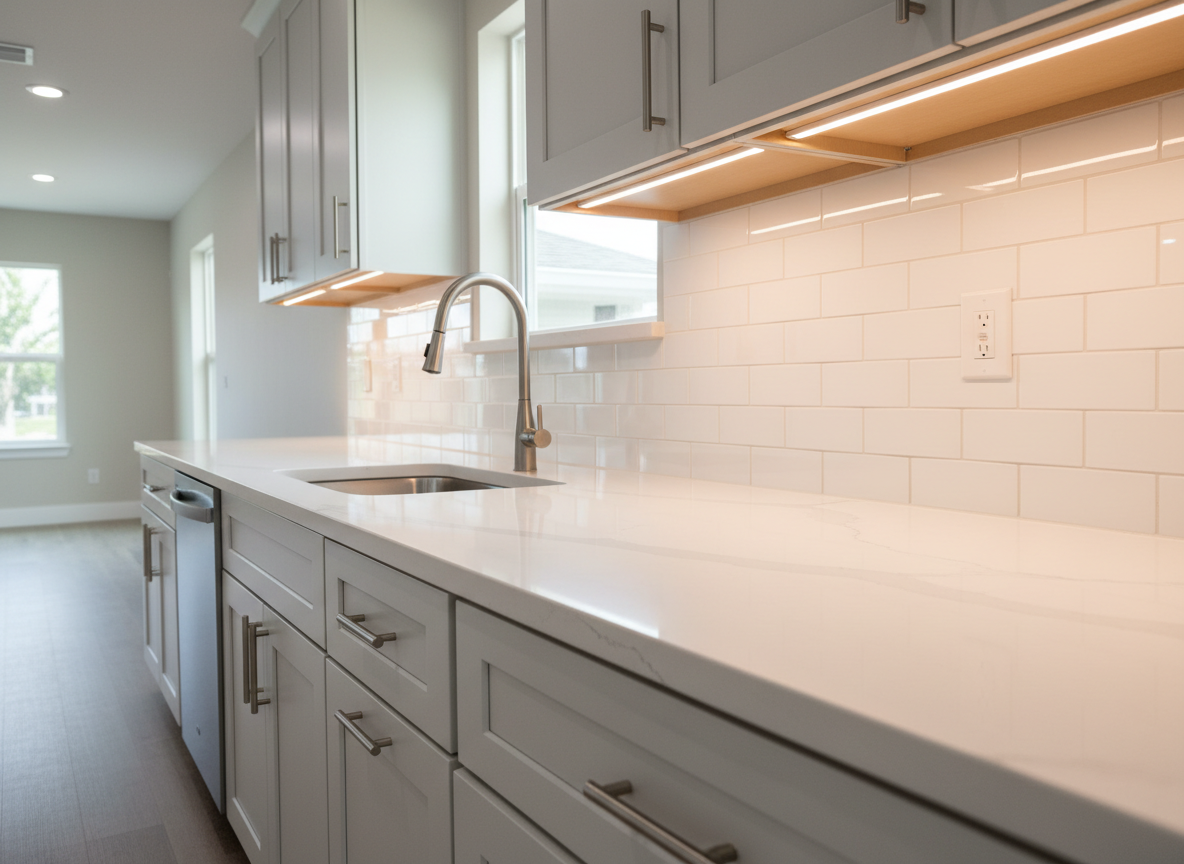 A close-up, wide-angle photographic view of a modern duplex kitchen renovation, focusing on a long stretch of gleaming white quartz countertops with faint gray veining, under bright recessed LED lighting. Light-gray shaker cabinets with slim brushed-nickel pulls line the lower section, while a simple white subway tile backsplash adds clean geometry. A new stainless steel sink with a high-arc faucet reflects subtle highlights. Natural daylight filters from a nearby window, blending with the warm interior light to create a balanced, crisp atmosphere. The camera is positioned at counter height, emphasizing the linear flow toward the far wall, with shallow depth of field softly blurring the background hallway. The mood is clean, contemporary, and practical, perfectly suited for showcasing upgrades in a Sarasota duplex listing.