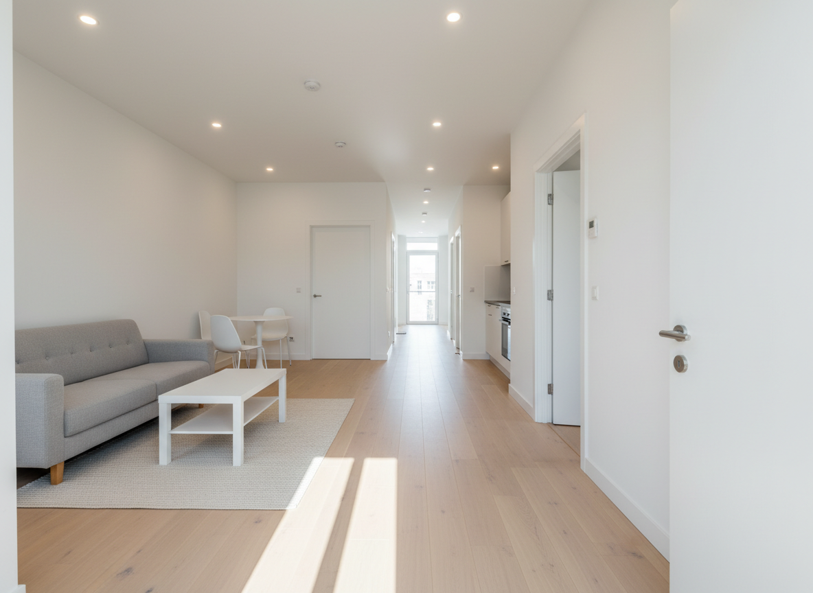 A photographic, wide-angle shot of a duplex floor plan vignette, created by staging one side of the unit as a turnkey income property. The image shows an open living-dining area flowing into a compact hallway that leads to two bedroom doors, with clean white walls and continuous light-wood flooring visually unifying the space. Recessed ceiling lights provide even, neutral illumination, while daylight from a distant window adds depth and subtle reflections on the floor. Simple, modern furnishings in soft grays and whites keep the focus on the layout rather than decor. The camera is placed at eye level near the entry doorway, looking inward to reveal the logical circulation and efficient use of square footage. The mood is professional, practical, and investment-oriented, ideal for showcasing duplex versatility to real estate buyers.